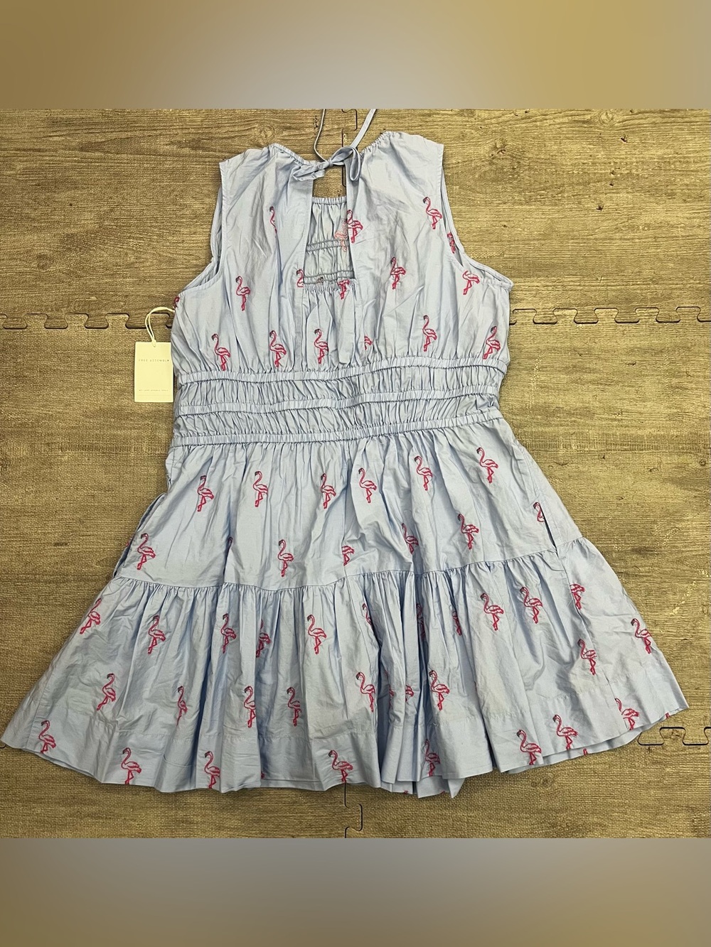 Free Assembly Light Blue Flamingo Embroidered Smocked Sleeveless Knee Dress - Picture 4 of 4